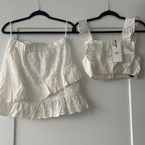 7 For All Mankind White Eyelet Skirt and Crop Top Set, Large, NWT